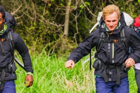 Oliver Dev, Spencer "Corry" Jones, and Ashley Paulson running through a grassy field in the first episode of Race to Survive: New Zealand