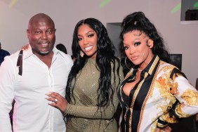 Simon Guobadia, Porsha Williams, and Drew Sidora posing together at a party