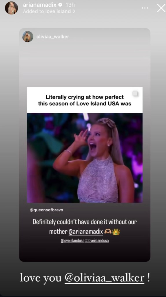 Ariana Madix emotional over the end of Love Island USA via Instagram.