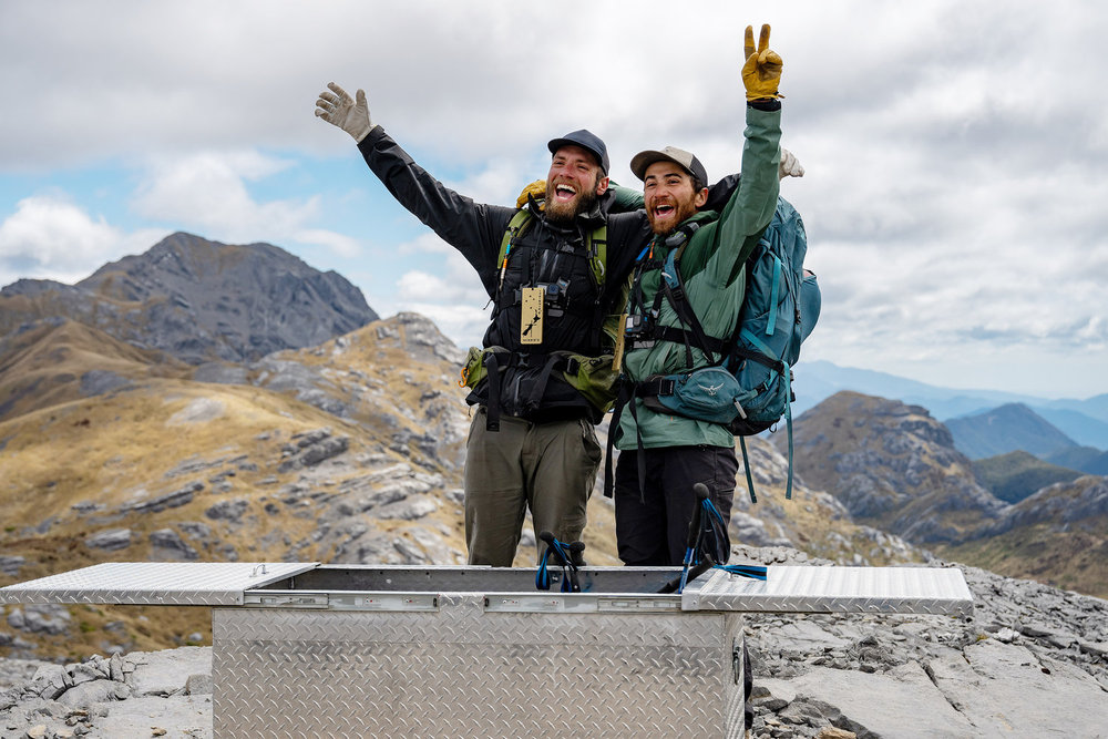 Ethan and Tyrie celebrating at the End Crate on Race to Survive: New Zealand 