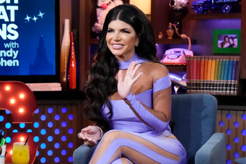 Teresa Giudice in a very interesting purple leotard situation on WWHL.