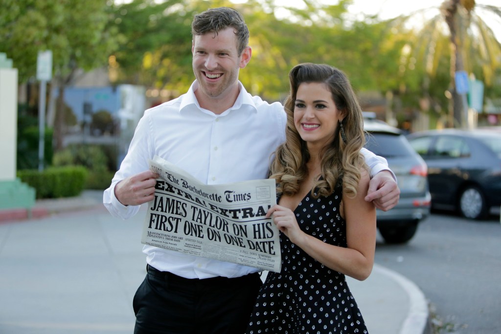 JAMES Mccoy Taylor and JOJO FLETCHER on the Bachelorette holding up a fake newspaper