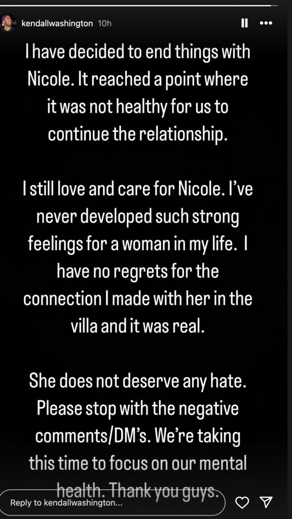 Kendall Washington from Love Island USA Season 6 announcing his breakup from Nicole Jacky on Instagram Stories