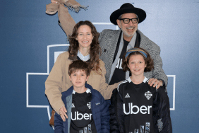 Emilie Livingston, Jeff Goldblum, (2nd row L-R) Charlie Goldblum and River Goldblum attend the match between Como 1907 and Torino at Giuseppe Sinigaglia Stadium on April 13, 2025 in Como, Italy.