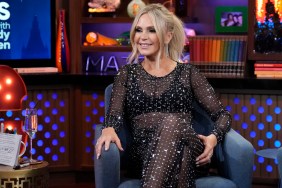 Tamra Judge in a sheer black dress on Watch What Happens Live