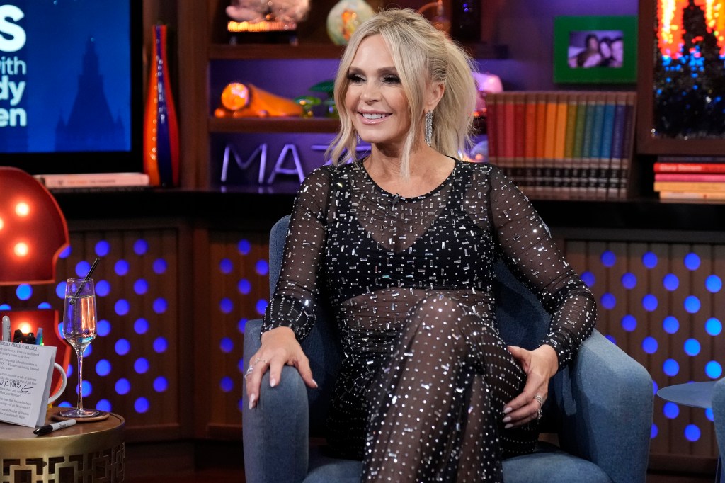 Tamra Judge in a sheer black dress on Watch What Happens Live