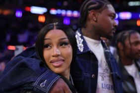 NFL Player Stefon Diggs (R) and rapper Cardi B (L) celebrate after Game Four of the Eastern Conference Second Round NBA Playoffs between the Boston Celtics and the New York Knicks at Madison Square Garden on May 12, 2025 in New York City.