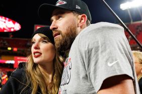 Tight end Travis Kelce #87 of the Kansas City Chiefs celebrates with Taylor Swift on the field after the AFC Championship game against the Buffalo Bills, at GEHA Field at Arrowhead Stadium on January 26, 2025 in Kansas City, Missouri.