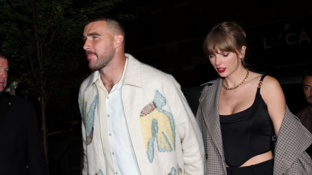 Travis Kelce and Taylor Swift attend CATCH Steak on October 14, 2023 in New York City.