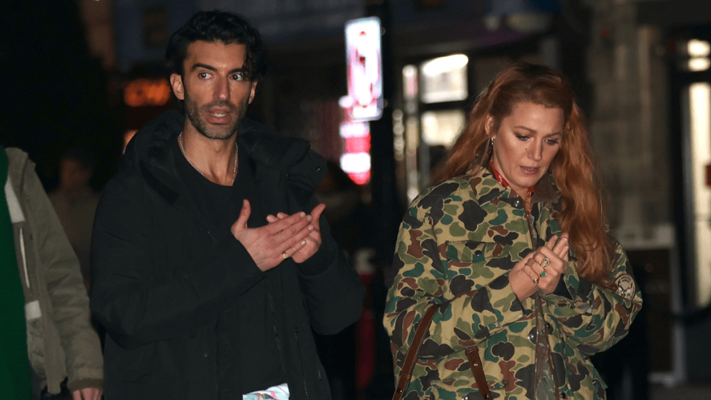 Justin Baldoni and Blake Lively are seen on the set of 'It Ends with Us' on January 12, 2024 in Jersey City, New Jersey.