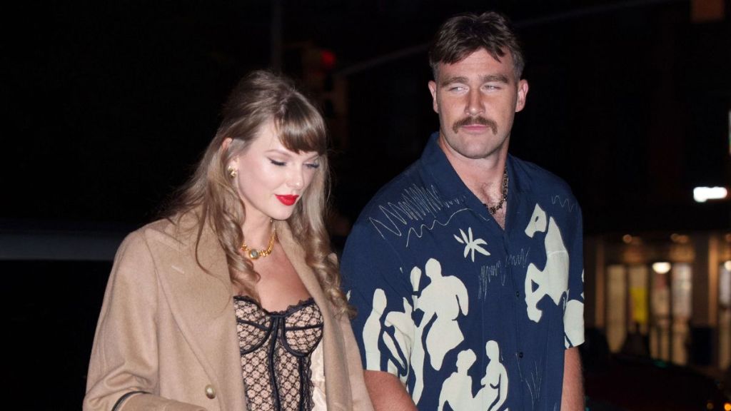 Taylor Swift and Travis Kelce are seen on October 11, 2024 in New York City.