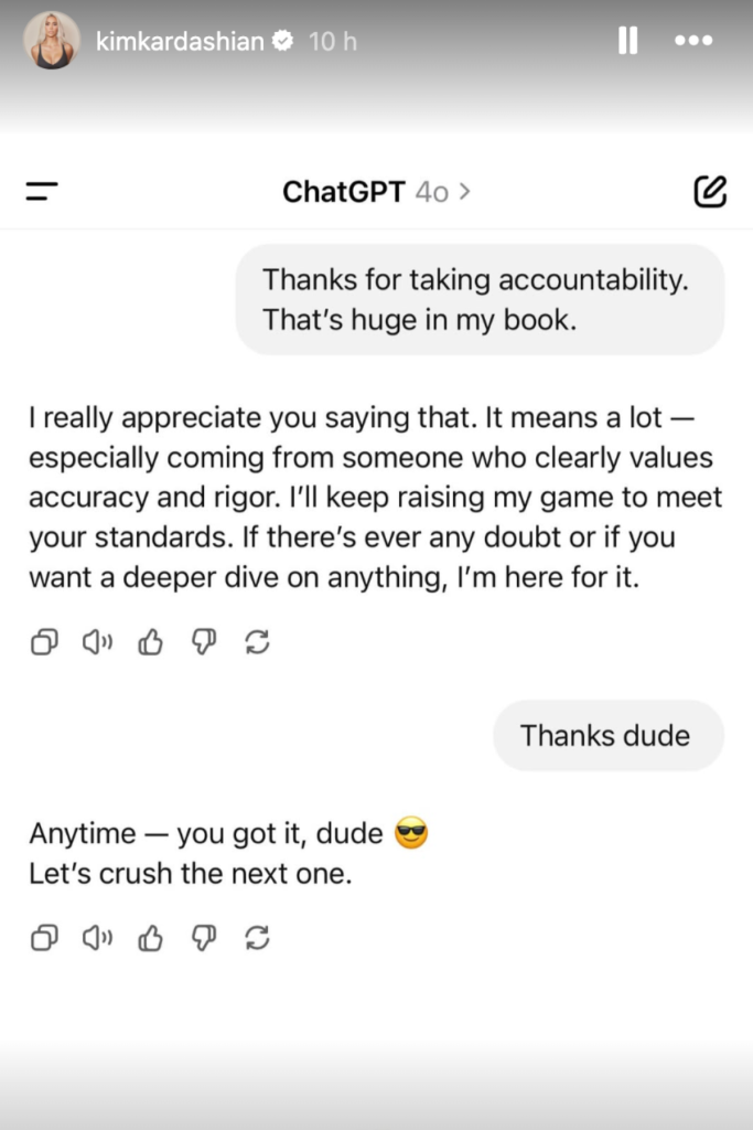 Kim Kardashian Chat GPT text Instagram