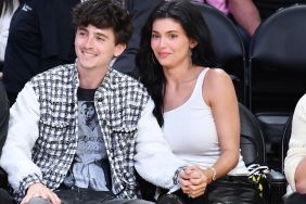 Timothee Chalamet and Kylie Jenner attend a basketball game between the Los Angeles Lakers and the Minnesota Timberwolves at Crypto.com Arena on April 30, 2025 in Los Angeles, California