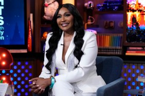 Cynthia Bailey in a white suit on Watch What Happens Live
