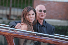 Jeff Bezos and Lauren Sanchez are seen leaving the Aman Hotel for a party at the Arsenale on June 28, 2025 in Venice, Italy.